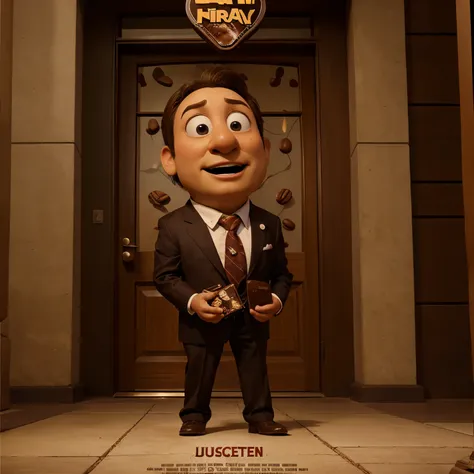 Poster promocional de Disney Pixar, with title, Jerico, a coffee bean dressed in a tie giving a speech in court to other coffee beans and chocolate, ochubas, 