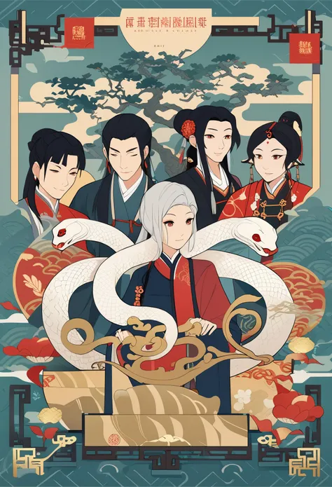 cover page, Four major folk legends of ancient China, The Legend of the White Snake, Bai she zhuàn, flat Design, vector illustrations, graphic illustration, detailed 2d illustration, flat illustration, digital illustration, digital artwork,