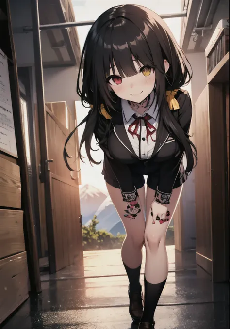 Masterpiece, high quality, ultra quality, best lighting, 1girl, ((tokisaki kurumi)), long hair, black hair, low twintails, monochrome, ((right red eye:1, left yellow eye:1)), black , ((black school uniform)), ((short pants)), ((big breast)), ((big thigh)),...