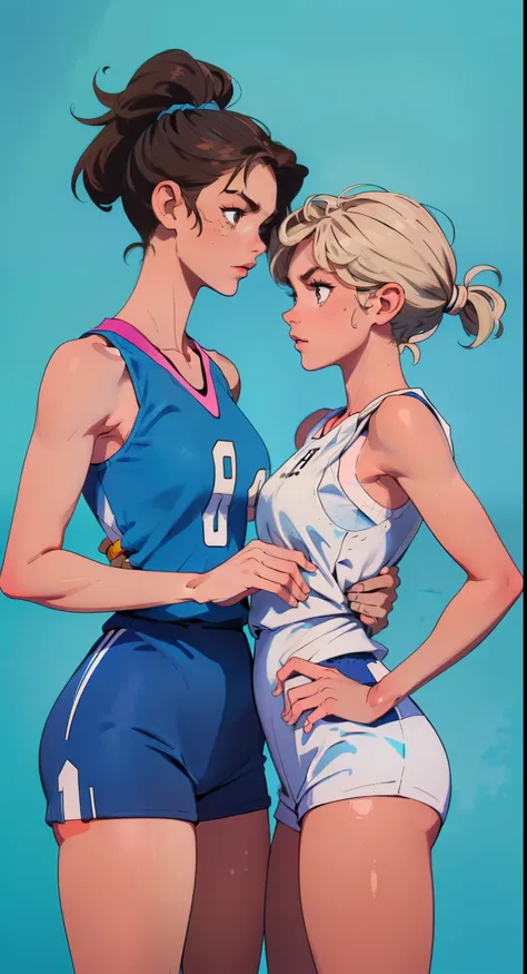 (Masterpiece of two Women in Intimate Connection: 1.1 and 1.2, Side by Side, 1980s Volleyball Players, White and Blue Sleeveless Suits, Fundamentally Equal Heights, Brunette: Tanned, Svelte Figure, Amber-Brown Hair, Blonde: Fair, Sweat-Dotted Skin, Small, ...