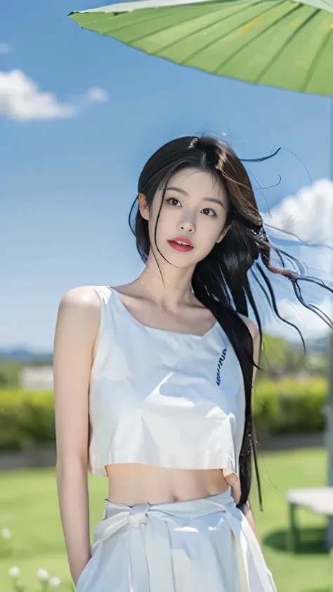 Elevation angle，A girl standing，Black long hair，Hands behind back，Keep your chest up，Tummy tummy，Background is blurred blue sky and white clouds