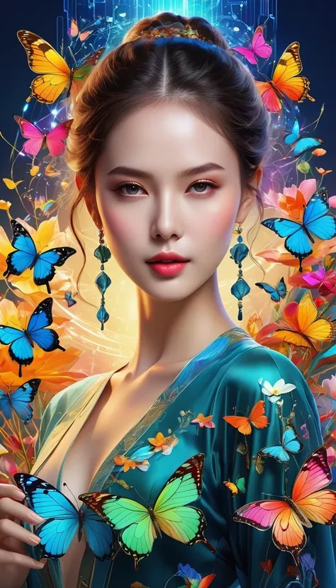 best quality, Super detailed ,Practical ,Unmanned smartphone, Modern, Transparent metal surfaces can reveal internal circuits, bezel-less display, Colorful mobile screen，There are butterflies and lotus, colorfull digital fantasy art, Thin bezels, Clear scr...