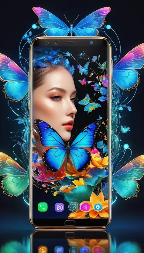 best quality, Super detailed ,Practical ,Unmanned smartphone, Modern, Transparent metal surfaces can reveal internal circuits, bezel-less display, Colorful mobile screen，There are butterflies and lotus, colorfull digital fantasy art, Thin bezels, Clear scr...