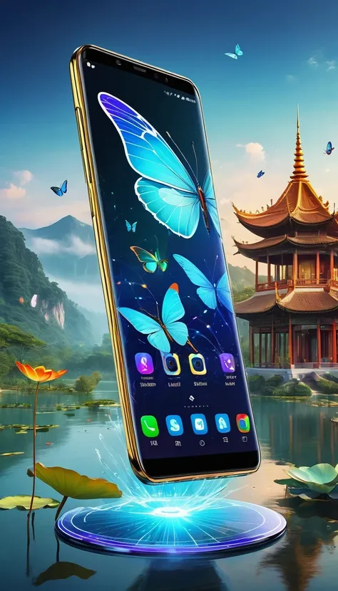 best quality, Super detailed ,Practical ,Unmanned smartphone, Modern, Transparent metal surfaces can reveal internal circuits, bezel-less display, Colorful mobile screen，There are butterflies and lotus, colorfull digital fantasy art, Thin bezels, Clear scr...