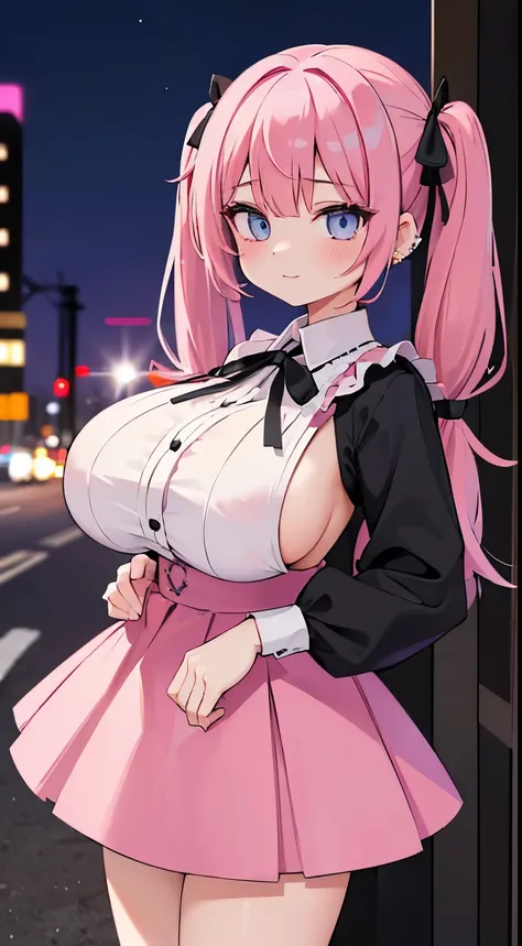 (​masterpiece、top-quality、ultra-detailliert)、((1 girl))、((Pink hair twin tails))、light blue  eyes、evilsmile、piercings、((very Bigger breasts))、jirai fashion、pink clothing、frilld、a black ribbon、Black miniskirt、cowboy  shot、Downtown background at night