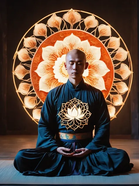 full body photography of monk in lotus pose，baldness, filming, (sharp focus:1.5), (reality:1.4), dusk lighting, volumetric light...