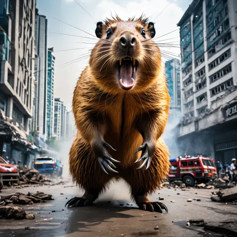 (kaiju Capybara themed:1.1), Beijing, cityscape, skyline, destruction, chaos, scared citizens, fleeing people, tall buildings collapsing, smoke and dust, frightened faces, emergency services, police sirens, chaos in the streets, chaos in the sky, giant cre...