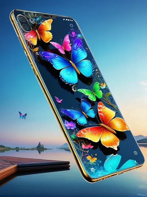 best quality, Super detailed ,Practical ,Unmanned smartphone, Modern, Transparent metal surfaces can reveal internal circuits, bezel-less display, Colorful mobile screen，There are butterflies and lotus, colorfull digital fantasy art, Thin bezels, Clear scr...