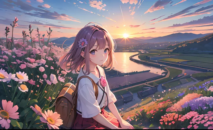 In the sunset、Girl looking at anemone flowers