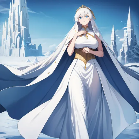 a woman wearing white dress with gold details, long dress, wearing an ice blue fur cape, long bank hair, ice blue eyes, walking ...