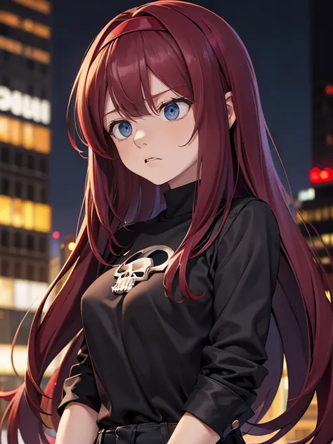 Burgundy hair, long hair, medium chest, black shirt skull shirt, black jeans, light gray eyes, sharp eyes, bangs, red hairband, city, untucked shirt, biridere, straight face, large chest, sharp irises, headache, stressed, portrait, closeup, worried, shocke...