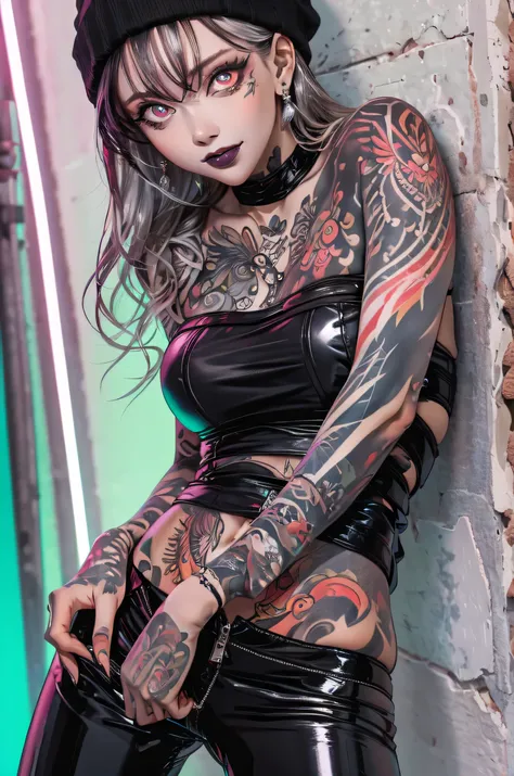 (masterpiece, best quality),  perfect face, perfect eyes, perfect hands, expressive eyes, (ultra-detailed, 8k, cg, dynamic colors),
BREAK
beautiful tattooed girl in a loose black T-shirt and shiny black latex pants and a black beanie, shiny pants, (long bl...