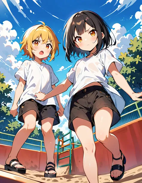 2 girls, very young, one with black short hair and orange eyes, second with shirt yellow hair and orange eyes, white shirt and black shorts, very angry, disgusted, playing in a sandbox on the playground, shot from below, looking at viewer, the one with bla...