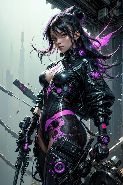 1necromancer girl with lilac techwear clothes, black long hair, laces, abstract vintage scifi background, art by Moebius, art by Ashley Wood