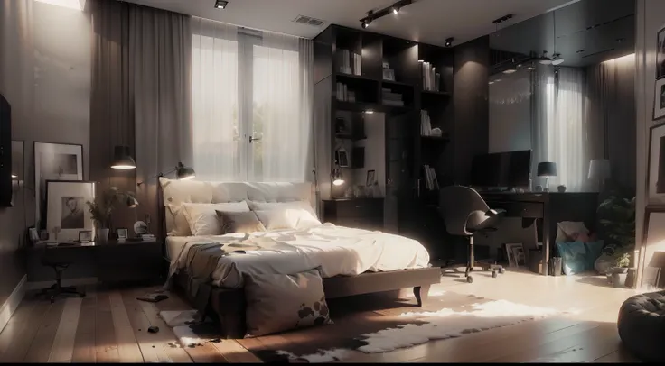 il y a un lit et un bureau dans une chambre, rendu en vray, rendu vrayed, dans le style du rendu 3d, rendu en vray, rendre vray,...