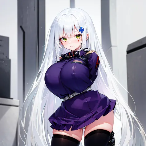 (solo), (416_GirlsFrontline), skinny girl, BREAK, (disproportionately huge breasts:1.4), bursting breasts, narrow shoulders, narrow waist, (skinny long legs), arms behind back, BREAK, (dark purple jacket), (very short high-waist skirt), thigh gap, (black t...