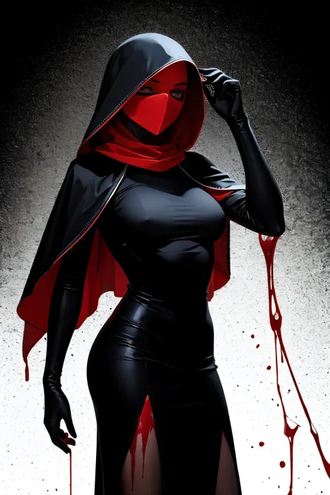 black background image with a figure wearing a veil covering her entire face, a crimson veil stained with blood. A figura, de perfil, olhando para cima. Dark fantasy. Blood. Villain.