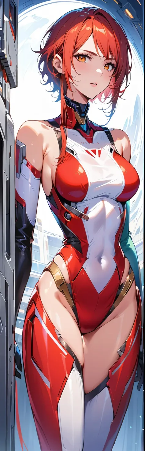 a half human half android woman with a beautiful realistic style face in a spaceship with a small red swimsuit, many details and fine finishes