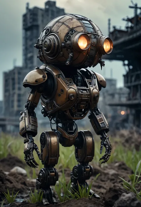 cinematic film still macro photography masterpiece,detailed hyperrealism,Craig Mullins,Jon Burgerman,geof darrow,jean-baptiste monge style - a bio mechanoid by jean-baptiste monge,(long fur on the head),(dumb face:1.4),grass,sand and debris in the ground,s...