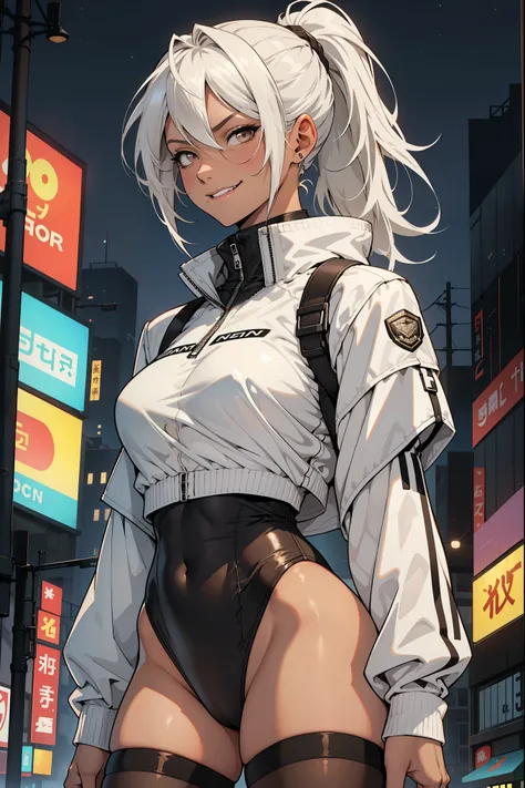 4k, one female, 25 years old, tanned skin, white hair, short ponytail, brown eyes, black leotard, ((braless)), white tight-fitting long-sleeved jacket, city background, night, smirking, thigh highs