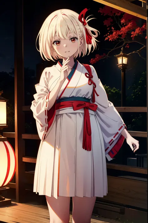 chisatonishikigi, Chisato Nishikigi, short hair, bangs, Blonde, (Red eyes:1.5), hair ribbon, One side up, happy smile, smile, Open your mouth,Bobcut,Platycodon grandiflorum,Miko, White Kimono, Thick sleeves,kimono,Red long hakama, White tabi,Sandals,Wide s...