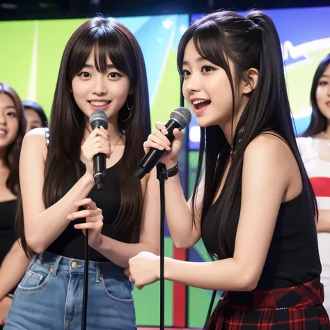 Best-quality, Masterpiece, Ultra-High-Resolution, (Photorealistic:1.4), Raw-Photo, 2girls, photo of 15-years-old the most famous Japanese idol and 25-years-old the most famous Japanese actress are having a lot of fun at KARAOKE, singing, They all are weari...