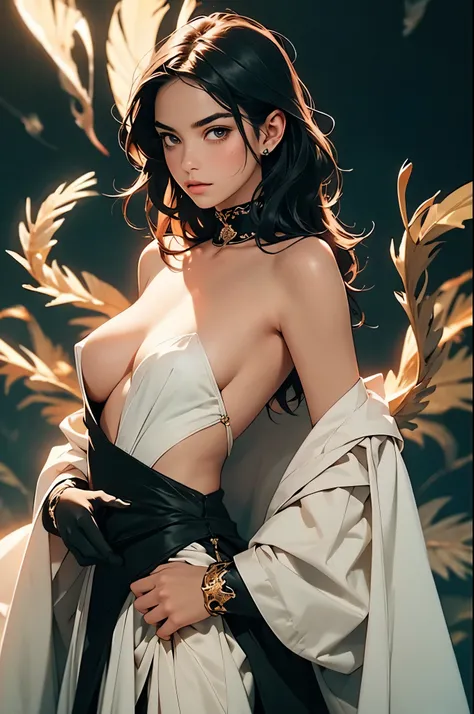 ((best quality)), ((masterpiece)), (detailed), detailed skin, Golden Eyes, Long black hair with thick waves, black silk dress, fluid dynamics, upper body nude, cowboy shot, full body image, big bust, pink nipples, brilliant golden halo, elegant, romanticis...