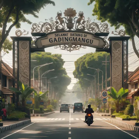 there is a man riding a motorcycle down the street under a sign, inspired by Rudy Siswanto, by Rudy Siswanto, style of ade santora, indonesia, 3 d render and matte painting, game cg, by Abidin Dino, indonesia national geographic, official artwork, opening ...