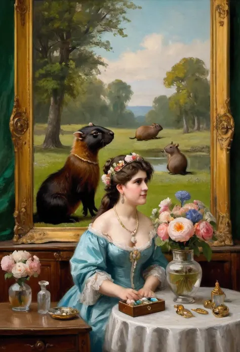 the painting of auguste toulmouche capybara in a magnificent antique dress looks into a large mirror, dressing table, antique vi...