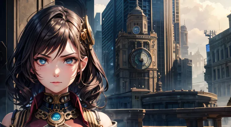 steampunk　woman　Detailed facial expression depiction　Detailed machine depiction　City of Steam