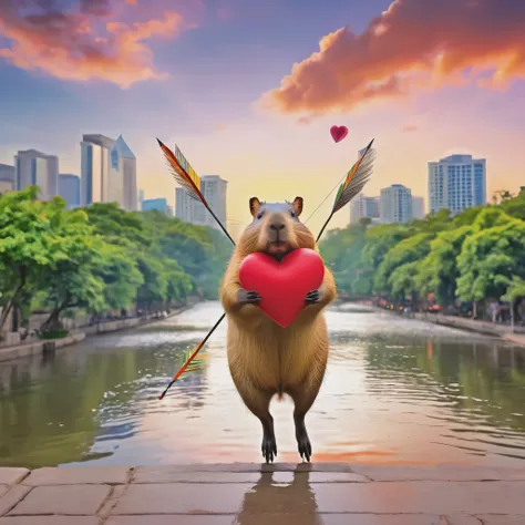 (a cute, happy, winged capybara, love-themed bow and arrow), bustling city, young women, finding love, vibrant colors, whimsical atmosphere, charming smiles, fluttering wings, joyful expressions, arrow of love, love-struck, magical moments, enchanting enco...