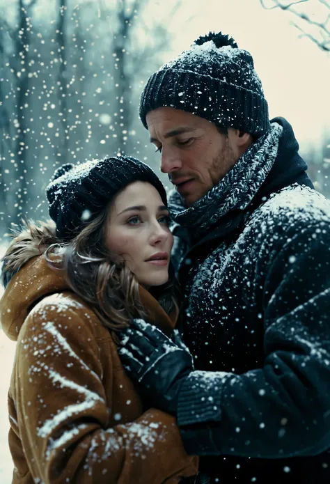 cinematic film still of Cinematic Film stock footage in (arri alexa style) Kodak film print, a man and a woman are embracing in the snow Cinematic Film Style, shallow depth of field, vignette, highly detailed, high budget, bokeh, cinemascope, moody, epic, ...