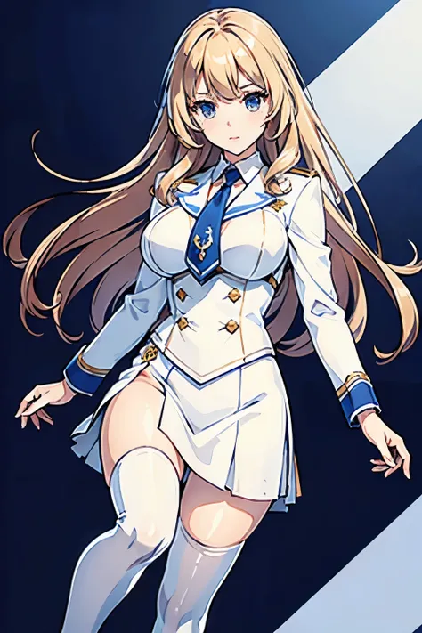 ((masterpiece, highest quality, 8k, High resolution:1.2)), white and blue skirt suit, High leg, Hazel Eyes, white and blue blazer, tie, (Big Breasts:0.8), white and blue pencil skirt, white thigh high heel boots, (Curly Hair, Long Hair, One brown-haired si...