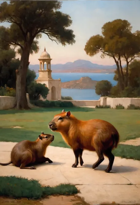 John William Godward painting, Capybara, oil on canvas, full compliance with the style of John William Godward