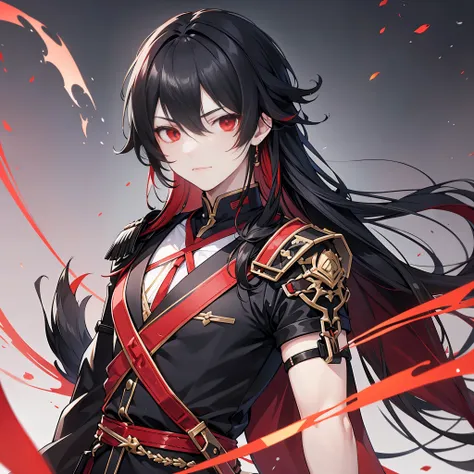 male, black hair, ((red eyes)), ((armed shoulder strap)), ((idol costume)), ((portrait)), ((a boy)), long hair,