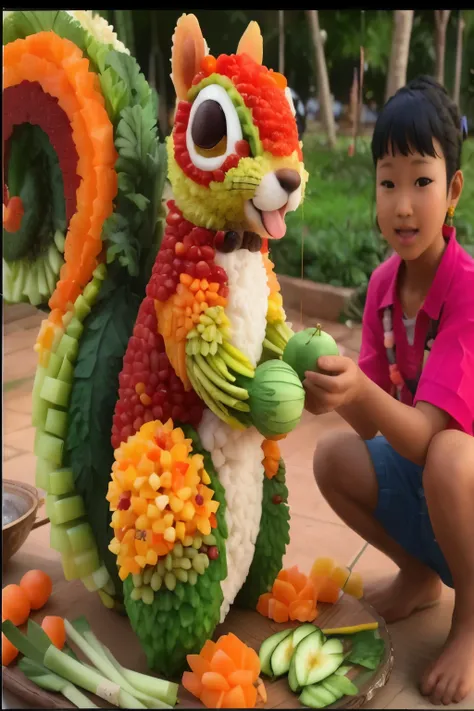 arafed sculpture of a squirrel made of vegetables and fruits, food art, made of fruit and flowers, made of flowers and fruit, ma...