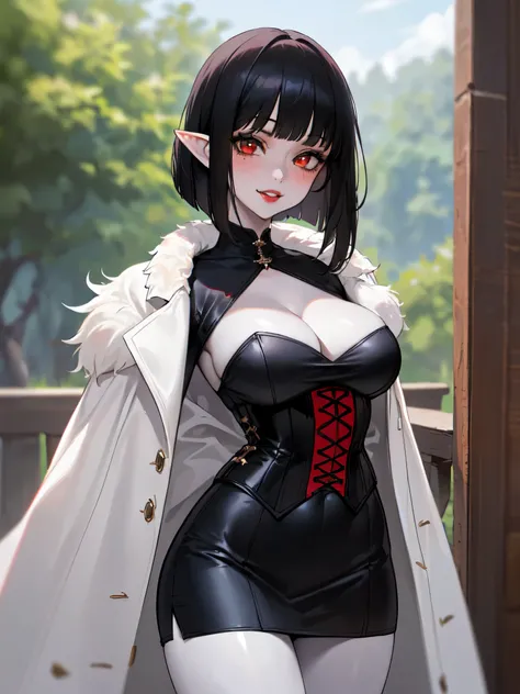 SFW (masterpiece, best quality, 32k) a teenage girl with medium black hair ((stark black hair, coal black hair, bangs, diagonal bangs, blunt bangs, bob, inverted bob, straight bob, stylish bob)), ((brown eyes, red eyes, scarlet eyes, ruby eyes, eagle eyes:...