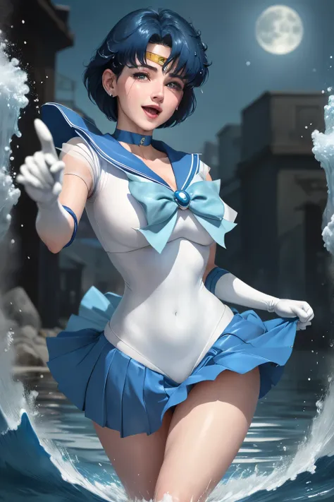 1 woman, laugh, delicate facial features, chest, Gloves, Lips, alone, sailor mercury, blue eyes, Uniform, See more1, 선원 센시 Uniform, (RAW photos, best quality), masterpiece, Nonsense, sexy, floating short blue hair, blue sailor collar, curtsey, (knee boots:...