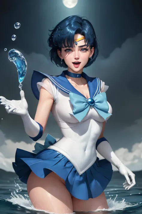 1 woman, laugh, delicate facial features, chest, Gloves, Lips, alone, sailor mercury, blue eyes, Uniform, See more1, 선원 센시 Uniform, (RAW photos, best quality), masterpiece, Nonsense, sexy, floating short blue hair, blue sailor collar, curtsey, (knee boots:...