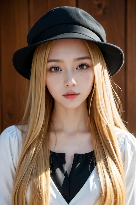 (masterpiece,highest quality,8K,RAW Photos,Beautiful and aesthetic:1. 2), complex detail, ultra-detailed, (realistic skin), (((full body is in the frame))),Close-up of a long blonde hair woman wearing a hat, Larisa Manovar, Ulzzang, 8K Selfie, BLACKPINKs L...