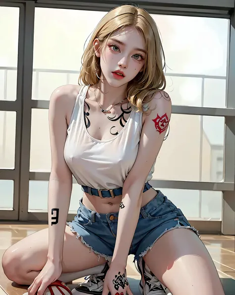 (Browsing Caution:0.7), Perfect Style, Beautiful Face, Highly detailed face and skin texture, (Maximum resolution: 1.2), 1 female,Hip Up, jewelry, (((He has many tattoos all over his body)), Streetwear, Play sports often, Blonde, Shorts, sneakers, (((Tight...