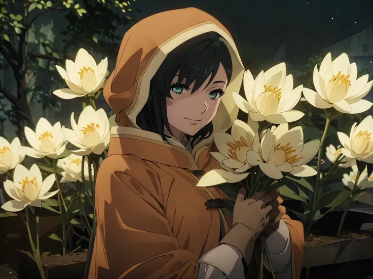 lilynier, smiling, holding an armful of softly glowing white flowers, night-time