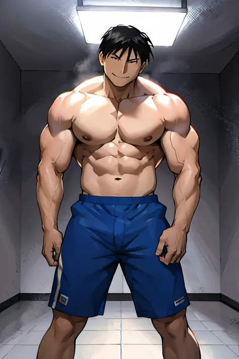 Roy Mustang from Full Metal Alchemist, wearing swimsuit, smug smile, bodybuilder, defined body, posing, shirtless, abs, big legs, white empty room