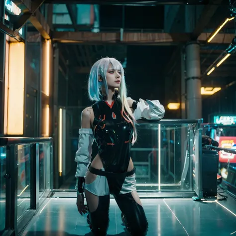 (best quality, masterpiece), 1girl, beutiful white girl cyborg, cyberpunk, robotic body, futuristic, white hair long, looking away, Highly detailed cybernetic body, blurry background