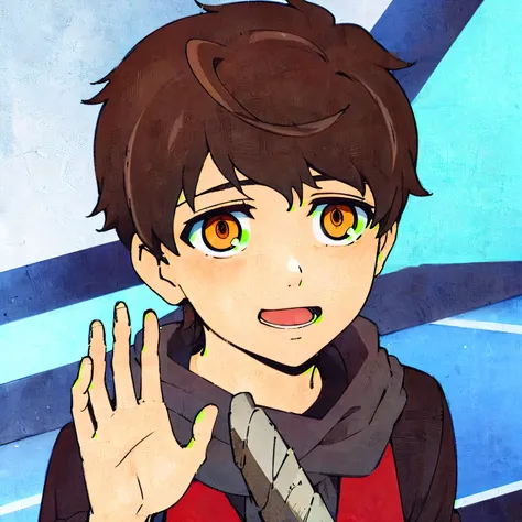 anime boy with brown hair and brown eyes waving his hand, joven animado, torre de dios, in the anime movie, anime sombreado cel,...