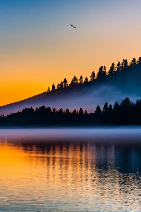 **A serene dawn at a lakeside, with the first rays of sunlight piercing through the mist, casting a golden glow on the calm water, surrounded by lush greenery. --style raw** - (fast)