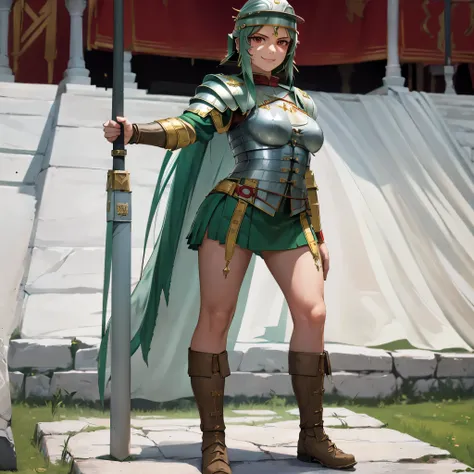 a woman wearing lorica segmentata armor, plate armor breastplate, short green skirt, metal boots, roman centurion helm, long gre...