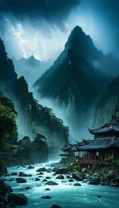 A towering mountain range, its jagged peaks piercing the heavens, shrouded in swirling mists and ancient mysteries. 