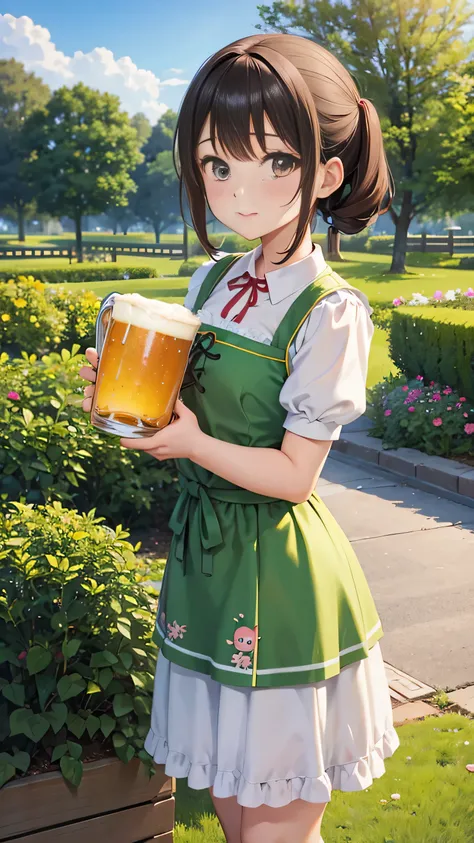 1girl,anime,1beer,kawaii,dirndl,garden,holding beer