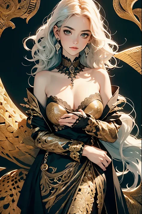 ((best quality)), ((masterpiece)), (detailed), detailed skin, Golden Eyes, Long black hair with thick waves, black silk dress, fluid dynamics, upper body nude, cowboy shot, full body image, big bust, pink nipples, brilliant golden halo, Her attire combines...